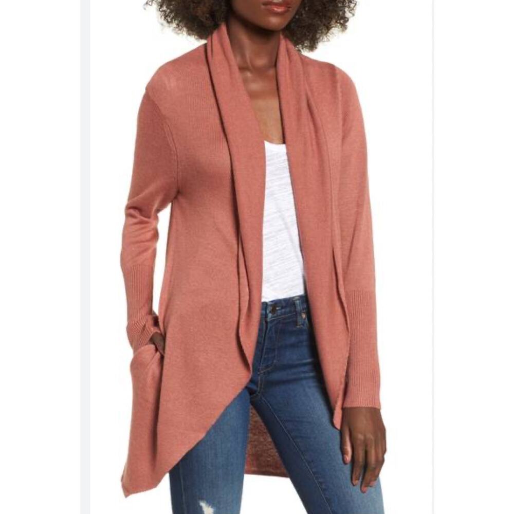 LEITH Womens Medium Pink Cardigan Shawl Collar Soft Long Open Front Pockets